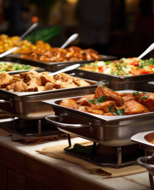 Catering buffet food indoor in restaurant with grilled meat. Buffet service for any festive event, party or wedding reception.